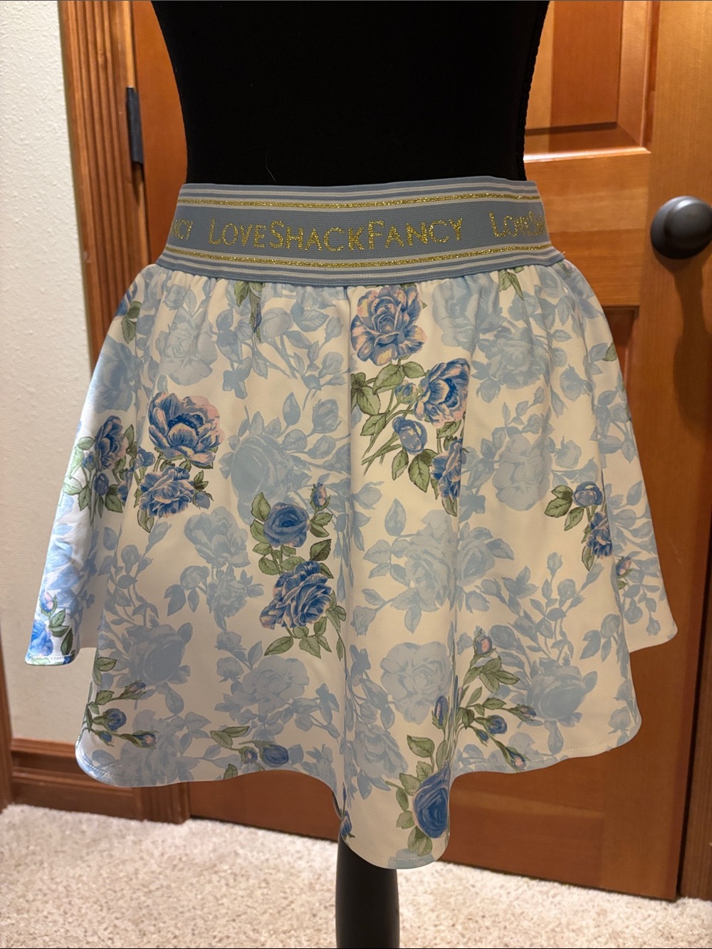 LoveShackFancy Cream Skirt with Blue Floral Print and Branded Waistband, size L